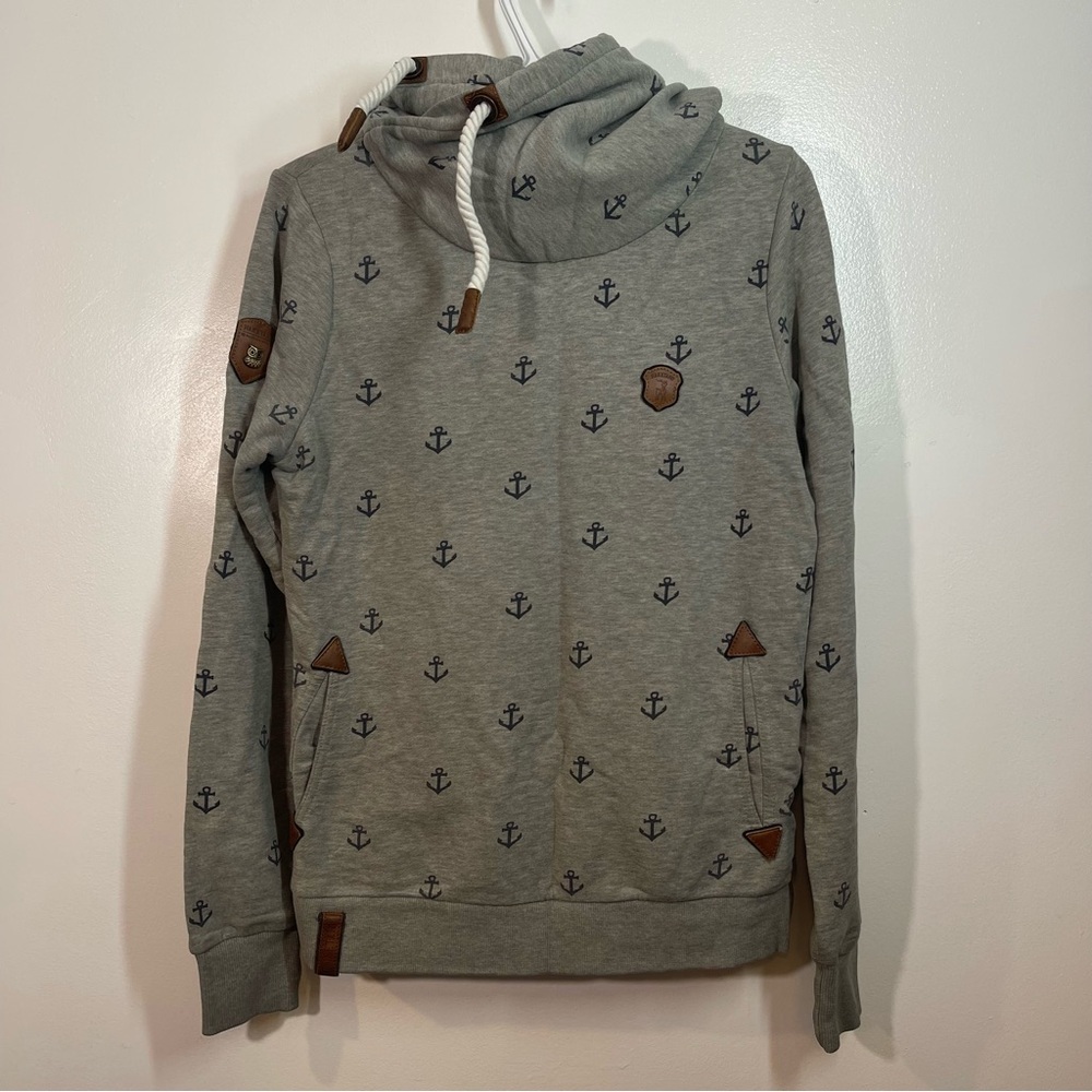 Naketano Grey Cowl Neck Hoodie - Size Large - Nautical Anchor Print Sweater - L